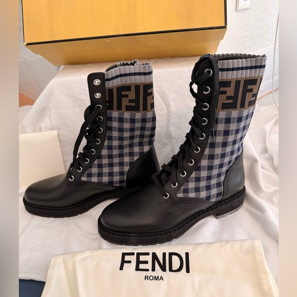 Fendi Biker Vitello Moto Combat Boots in Black Blue and Grey NIB size 38 - Picture 3 of 16